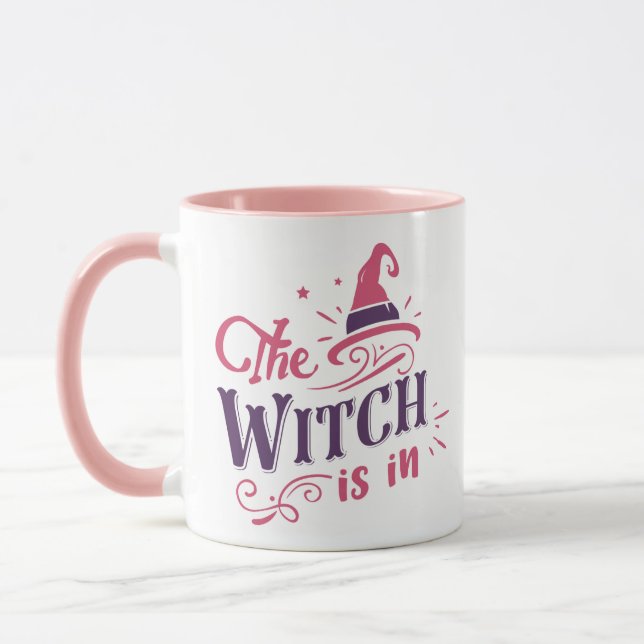 The Witch Is In Pink & Purple Witch Hat Halloween Mug (Left)