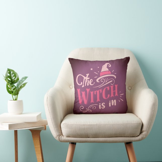 The Witch is In Purple Halloween Throw Pillow (Chair)