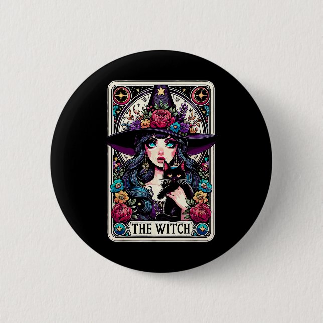 The Witch Tarot Card Halloween Gothic Witchy Vibes Button (Front)