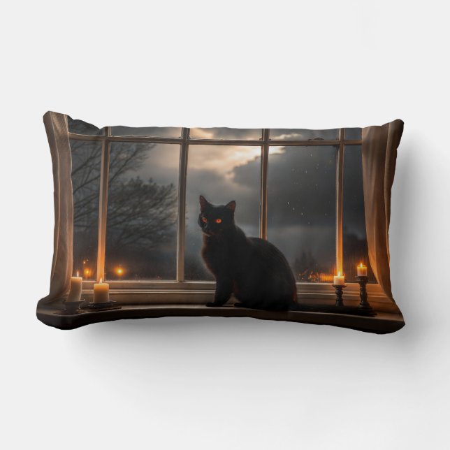 The Witch's Familiar, Spooky Black Cat Lumbar Pillow (Front)