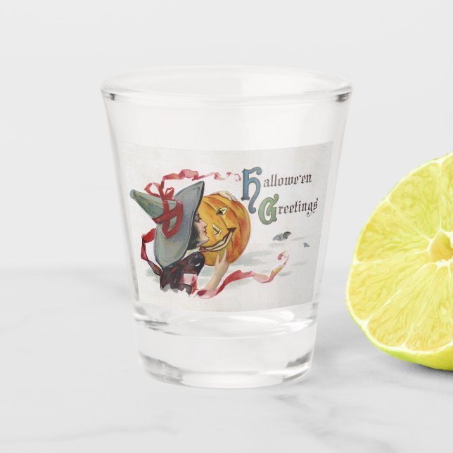 The Witch's Kiss: a Jack o Lantern on Halloween Shot Glass (Front)