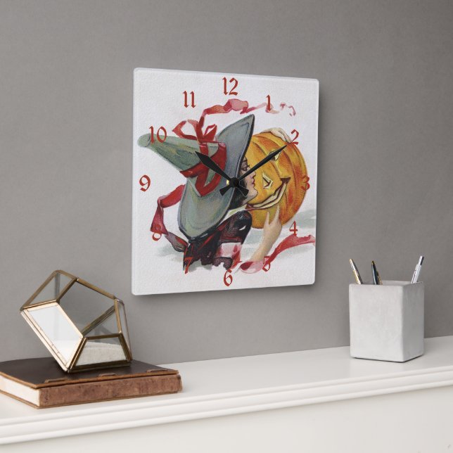 The Witch's Kiss: a Jack o Lantern on Halloween Square Wall Clock (Office)
