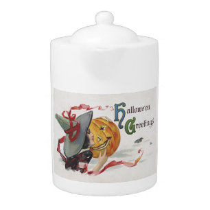 The Witch's Kiss: a Jack o Lantern on Halloween Teapot