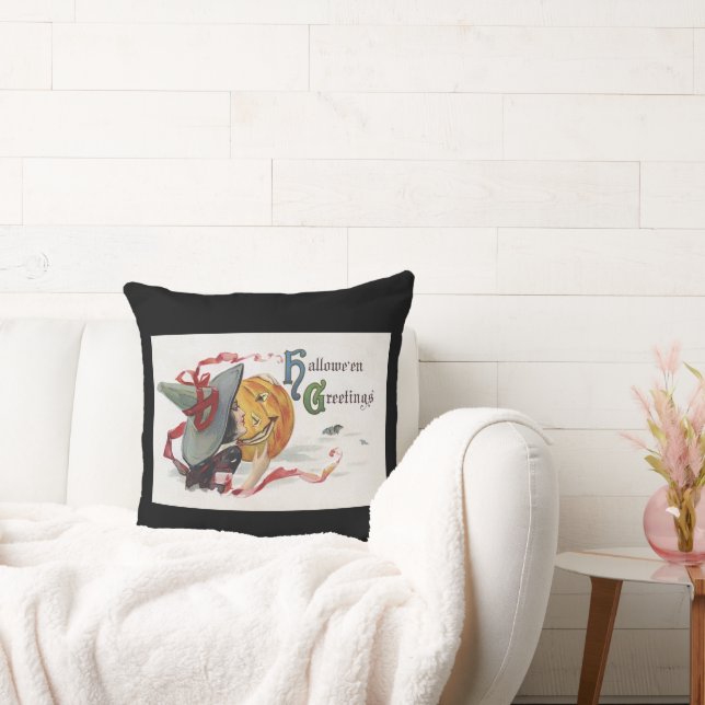 The Witch's Kiss: a Jack o Lantern on Halloween Throw Pillow (Couch)