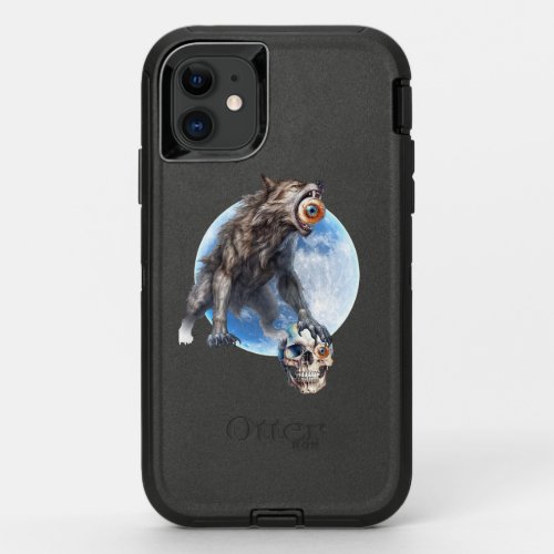 The wolf presses the halloween skull with its paw  OtterBox defender iPhone 11 case