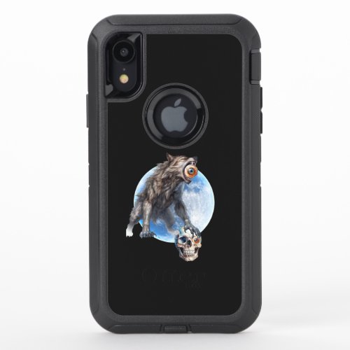 The wolf presses the halloween skull with its paw  OtterBox defender iPhone XR case