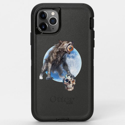 The wolf presses the halloween skull with its paw  OtterBox defender iPhone 11 pro max case