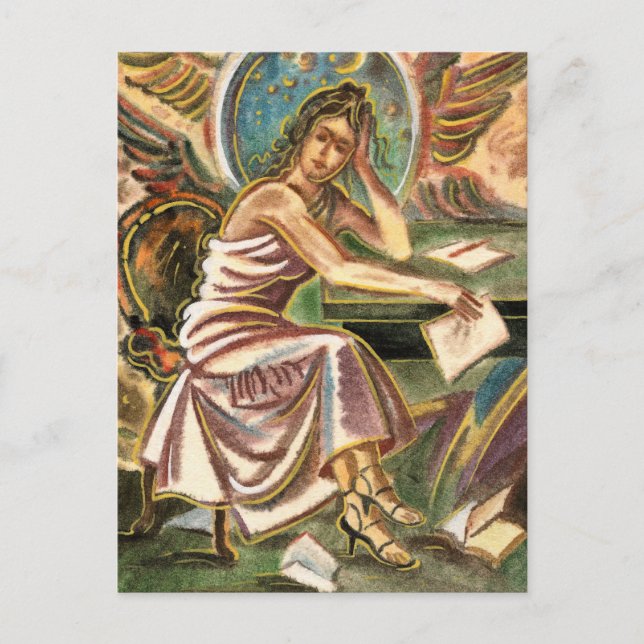 The Woman Writer Thinking Watercolor Painting Postcard (Front)