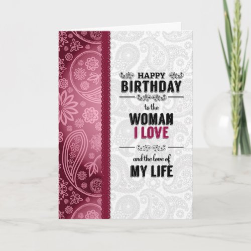 the Woman You Love Birthday in Pink and White Card