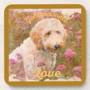 The wonderful Goldendoodle in a field of flowers Beverage Coaster