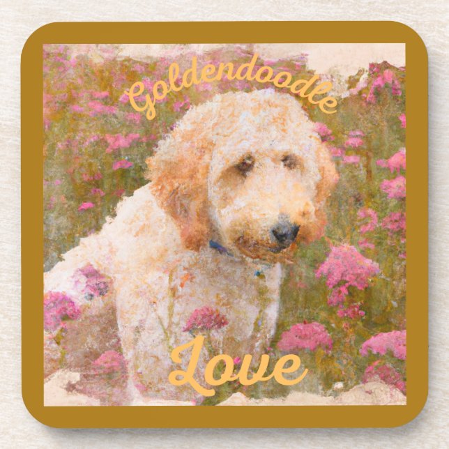 The wonderful Goldendoodle in a field of flowers Beverage Coaster (Front)