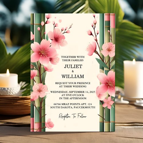 The Wood Bamboo Pink Sakura Cherry Blossom Wedding Invitation