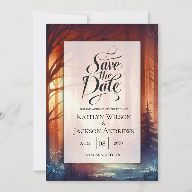 The Woodland Spell of Falling Leaves Wedding Save The Date (Front)