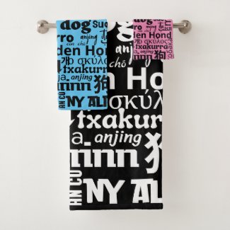 The word dog in various languages ​​black white