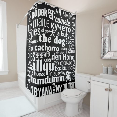 The word dog in various languages black white shower curtain