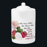 The Word Of God Will Last Forever Teapot<br><div class="desc">Beautiful Christian inspirational porcelain teapot with printed image of a painting of lovely red and white roses. This teapot has the Scripture of Isaiah 40:8. "The grass withers,  flowers will fade,  but the word of God will stand forever.</div>