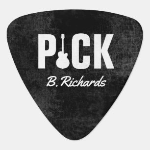 the word PICK with the guitarist name