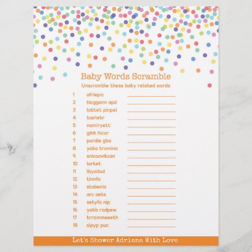 The Word Scramble Confetti Baby Shower Game