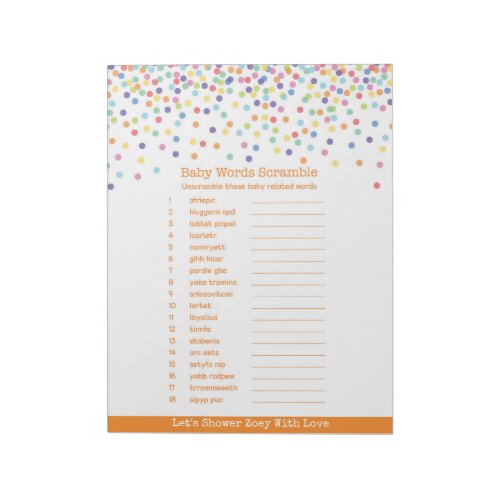 The Word Scramble Confetti Baby Shower Game Notepad