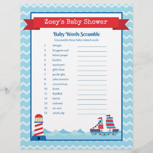 The Word Scramble Nautical Theme Baby Shower Game