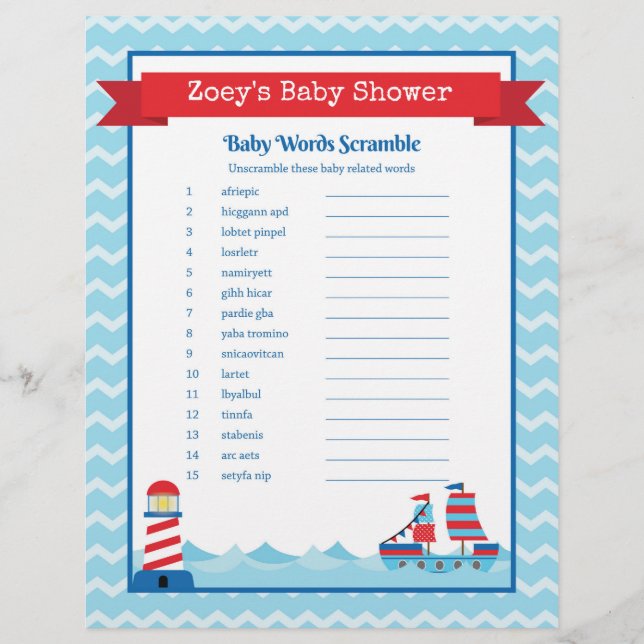 The Word Scramble Nautical Theme Baby Shower Game (Front)
