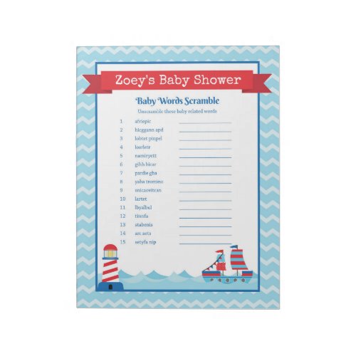 The Word Scramble Nautical Theme Baby Shower Game Notepad