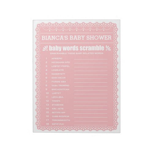 The Word Scramble Pink Papel Picado Baby Shower Notepad