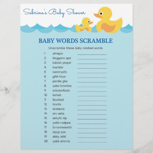 The Word Scramble Rubber Duck Baby Shower Game