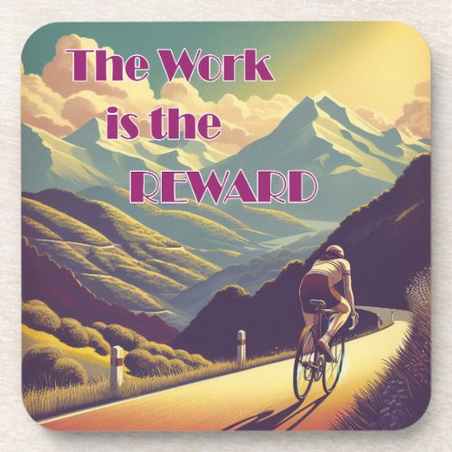 The Work Is The Reward Woman Cyclist Mountains Beverage Coaster