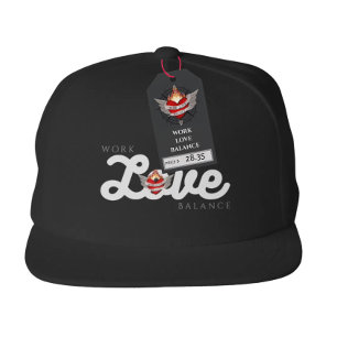 the WORK LOVE BALANCE red script lettering trucker Snap Back Hat