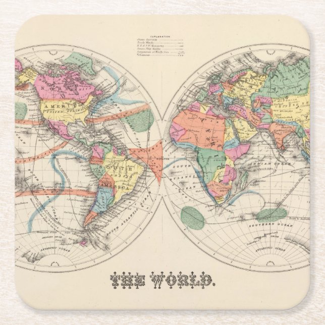 The world Atlas map with currents and trade winds Square Paper Coaster (Front)