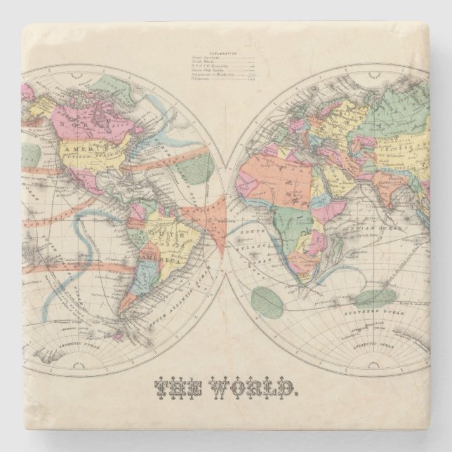 The world Atlas map with currents and trade winds Stone Coaster (Front)