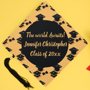 The world Awaits! Black & Yellow script elegant Graduation Cap Topper