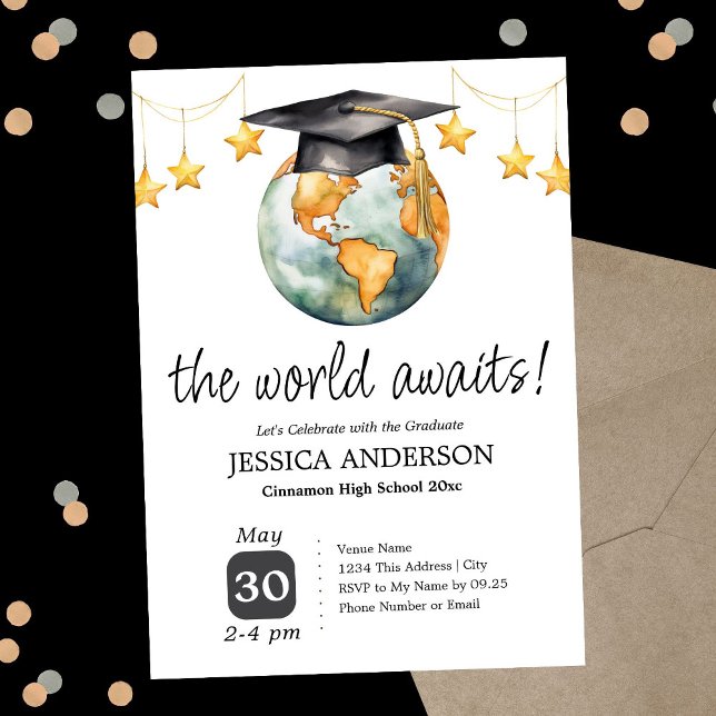 The World Awaits Graduation Party One Photo  Invitation (Creator Uploaded)
