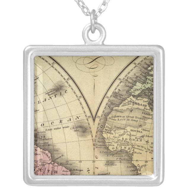 The World double hemisphere map Silver Plated Necklace (Front)