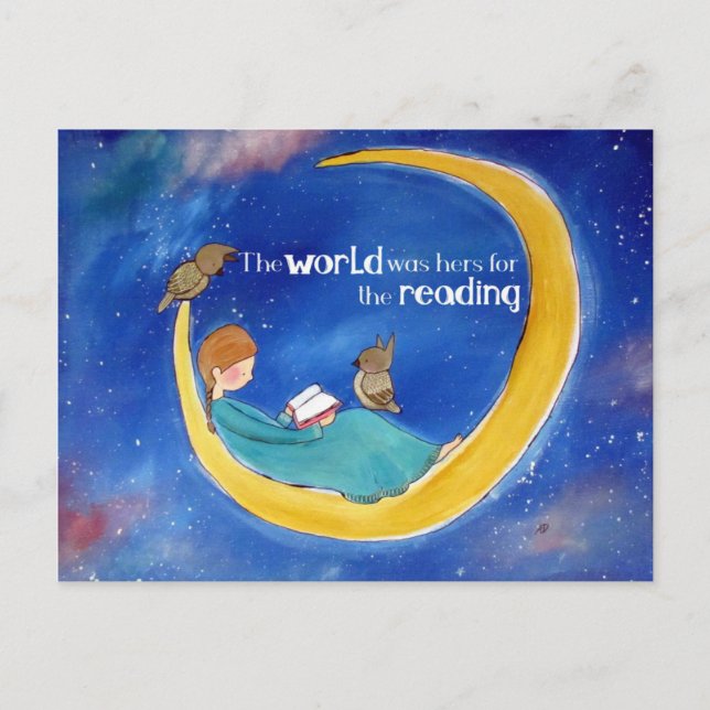 The World Was Hers For the Reading Girl and Owls Postcard (Front)