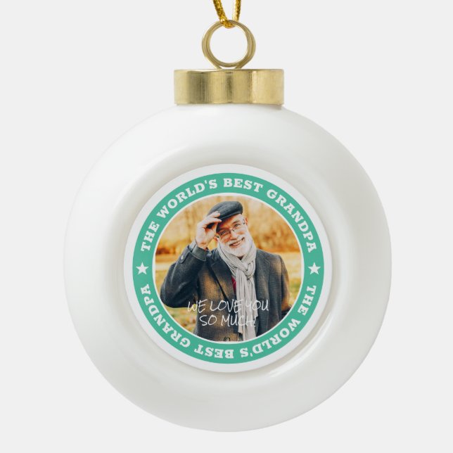 The World's Best Grandpa Modern Star Custom Photo Ceramic Ball Christmas Ornament (Front)