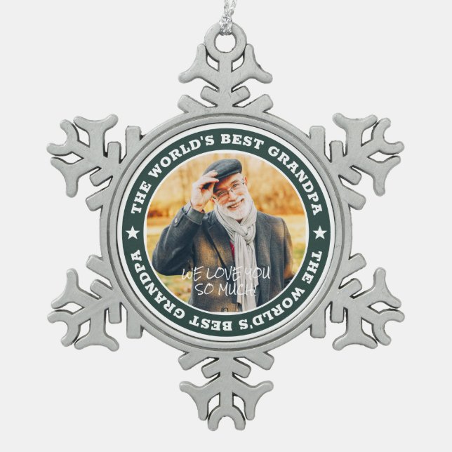 The World's Best Grandpa Modern Star Custom Photo Snowflake Pewter Christmas Ornament (Front)
