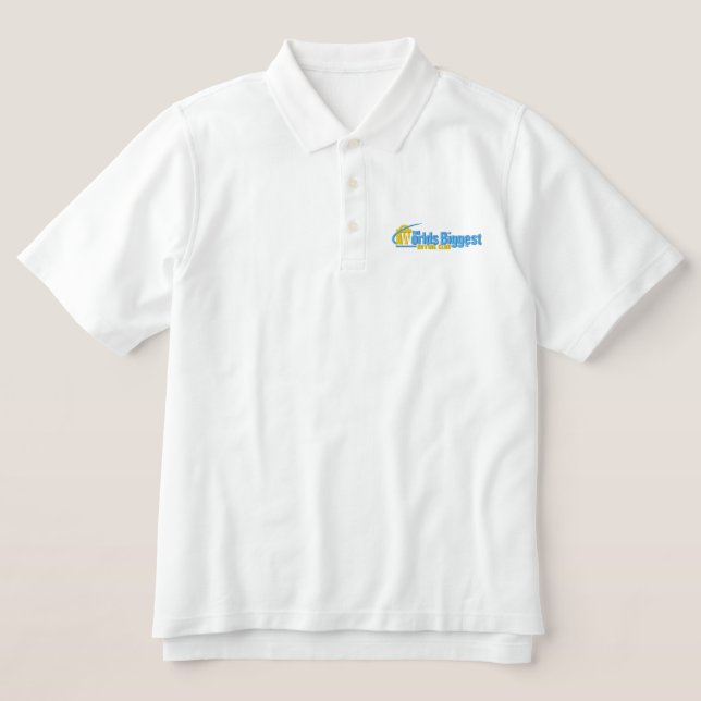 The Worlds Biggest Men's White Embroidered Polo (Design Front)