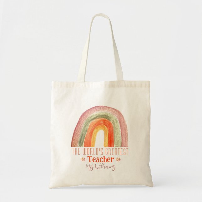 The World's Greatest Teacher Appreciation Rainbow Tote Bag (Front)
