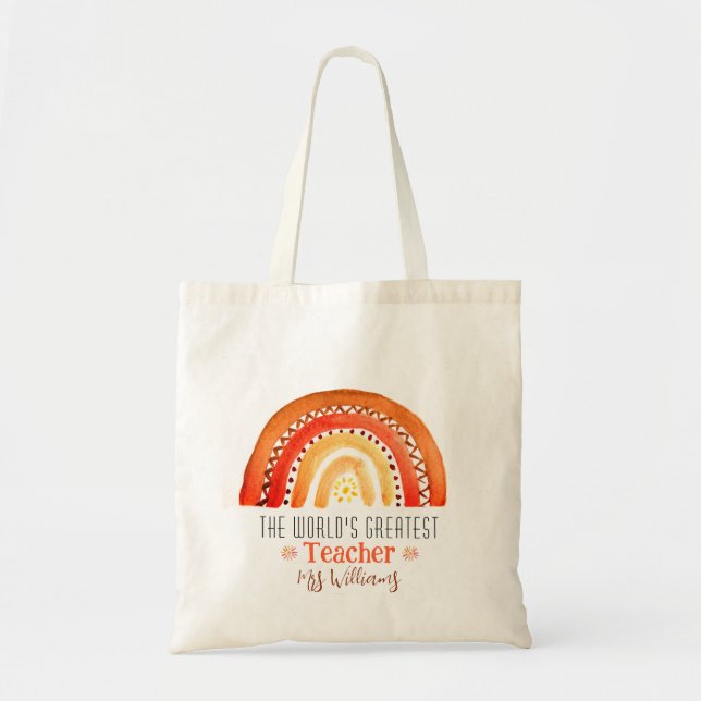 The World's Greatest Teacher Appreciation Rainbow Tote Bag (Front)