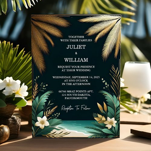 The Wreath Palm Tree Beach Green And Gold Wedding Invitation