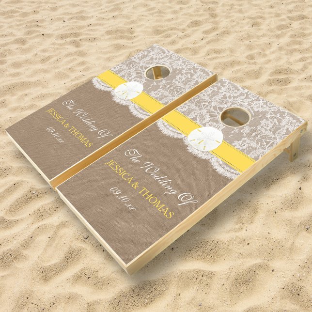 The Yellow Sand Dollar Beach Wedding Collection Cornhole Set (Creator Uploaded)