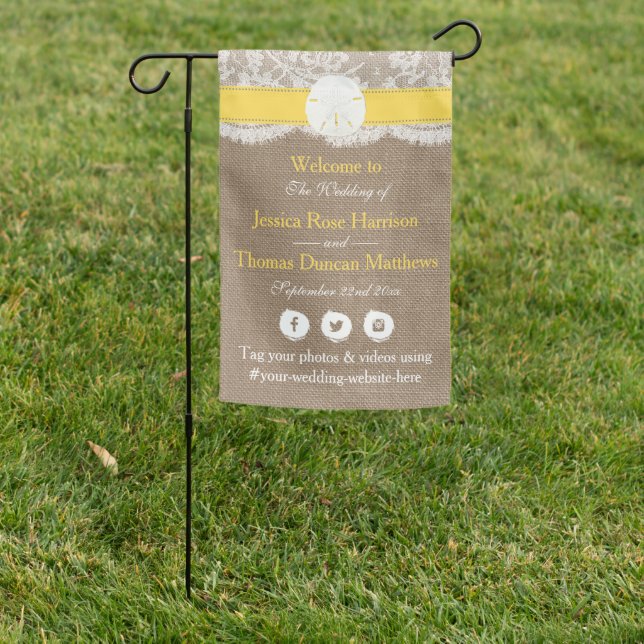 The Yellow Sand Dollar Beach Wedding Collection Garden Flag (In SItu)