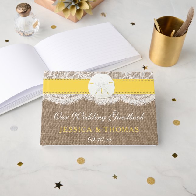 The Yellow Sand Dollar Beach Wedding Collection Guest Book (Front Open)