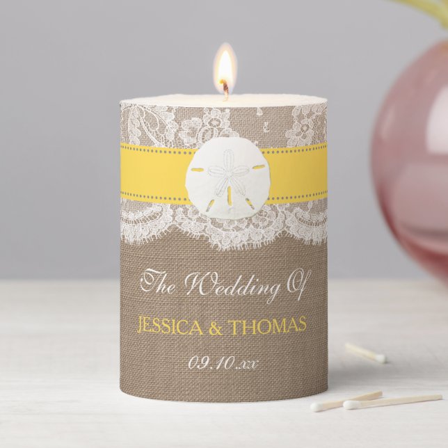 The Yellow Sand Dollar Beach Wedding Collection Pillar Candle (In Situ)