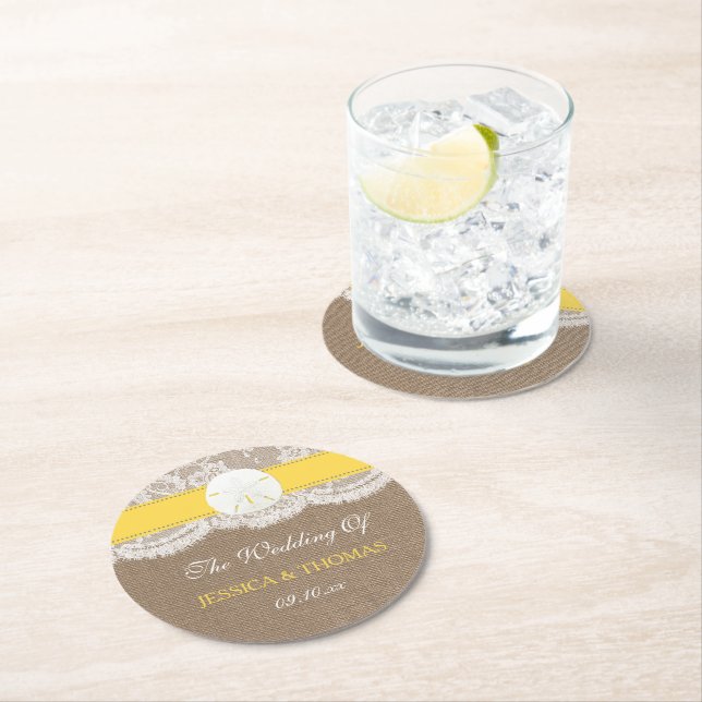 The Yellow Sand Dollar Beach Wedding Collection Round Paper Coaster (Insitu)