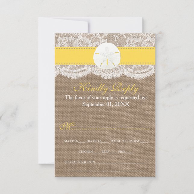 The Yellow Sand Dollar Beach Wedding Collection RSVP Card (Front)