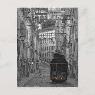 The yellow tram of black and white Lisbon Postcard