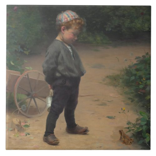 The Young Biologist With a Frog by Paul Peel Ceramic Tile